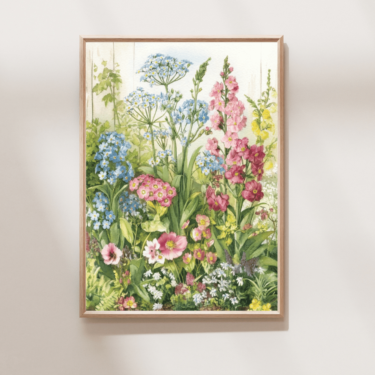 Meadow Melodies Art Print featuring soft blue, pink, yellow and white wildflowers