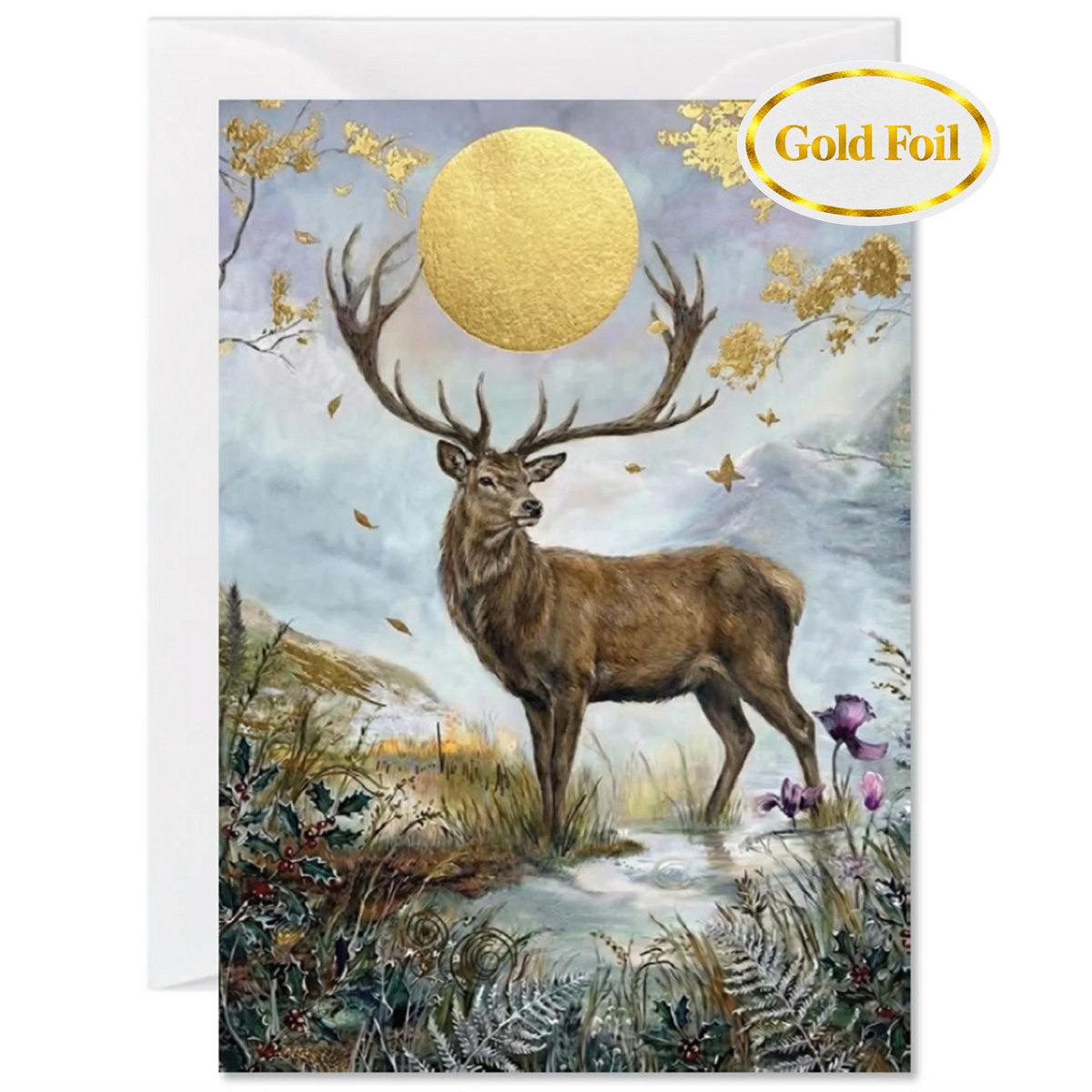 A square greeting card or art print featuring a stag with large antlers standing in a meadow under a large gold foil sun and scattered gold foil leaves. A white envelope is visible behind the card, and a gold foil 'Gold Foil' badge appears in the top right corner.