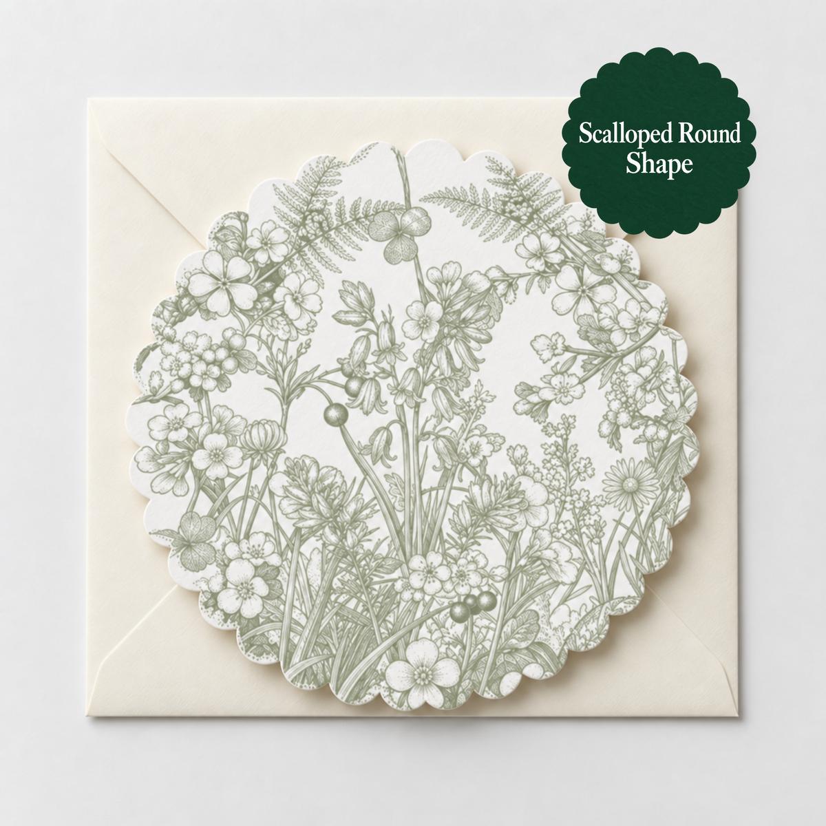 A round scalloped greeting card with a green botanical floral pattern, shown on top of a cream envelope. A dark green badge in the top right corner reads 'Scalloped Round Shape'.