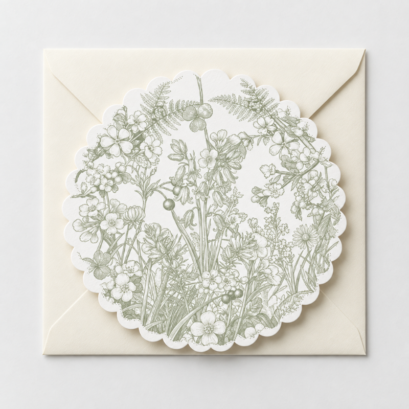 A square cream envelope with a circular scalloped white paper insert featuring a delicate sage green botanical line-art pattern of wildflowers, photographed on a light gray background.