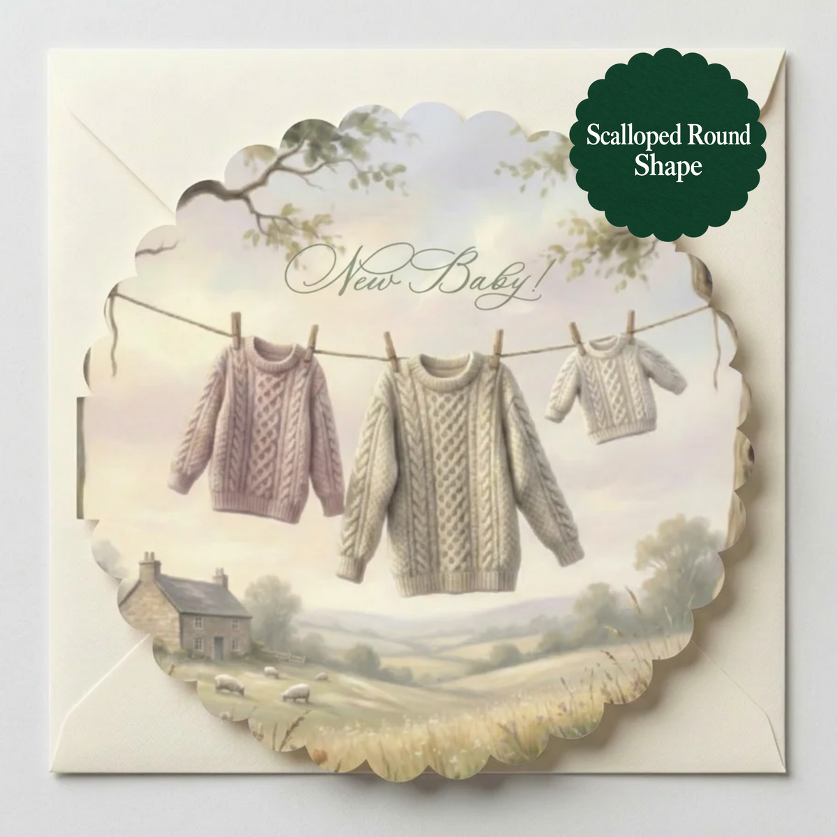 A scalloped round new baby greeting card featuring a vintage-style illustration of three knitted sweaters hanging on a clothesline over a soft landscape with a small cottage. The card has a dark green circular badge in the top right that reads 'Scalloped Round Shape'.