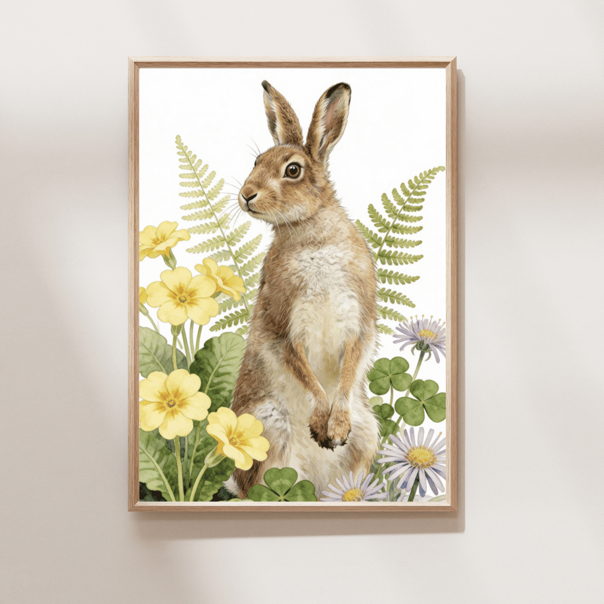 Primrose Hare Art Print featuring a hare surrounded by yellow primroses, ferns, clover and meadow flowers