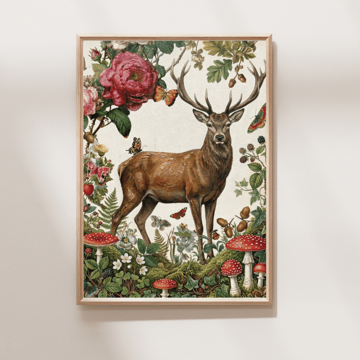 Rí na Coille Art Print featuring a majestic stag surrounded by roses, acorns, mushrooms and butterflies