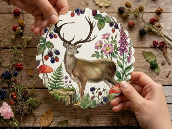A scalloped white paper plate or coaster featuring a detailed forest illustration of a stag with large antlers, surrounded by berries, flowers, ferns, and mushrooms, held by two hands over a rustic wooden surface with dried botanicals.