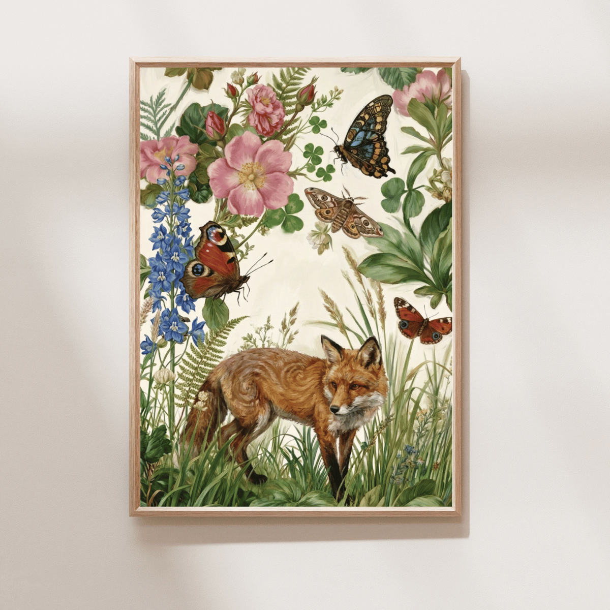 Secret Garden Fox Art Print featuring a red fox surrounded by flowers, ferns and butterflies
