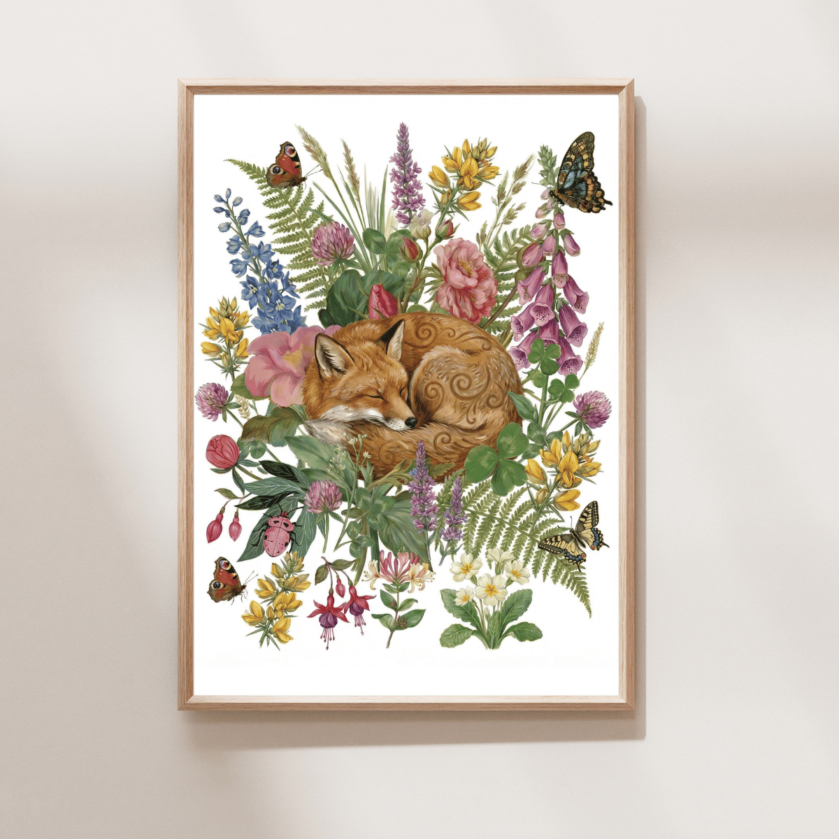 Sionnach ina Chodladh Art Print featuring a sleeping red fox surrounded by wildflowers, ferns and butterflies