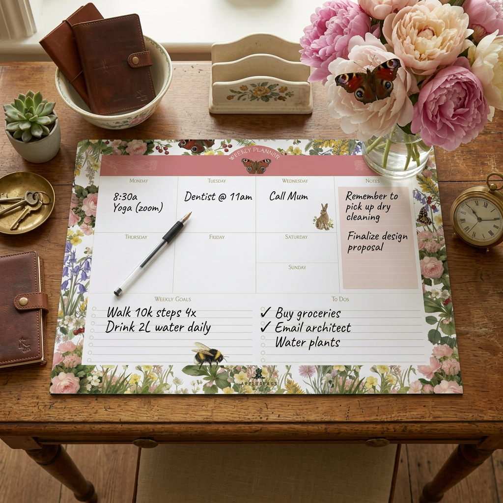 Spring Hare weekly planner pad featuring floral botanical illustrations, butterfly details, countryside hare artwork, and luxury Irish stationery design.