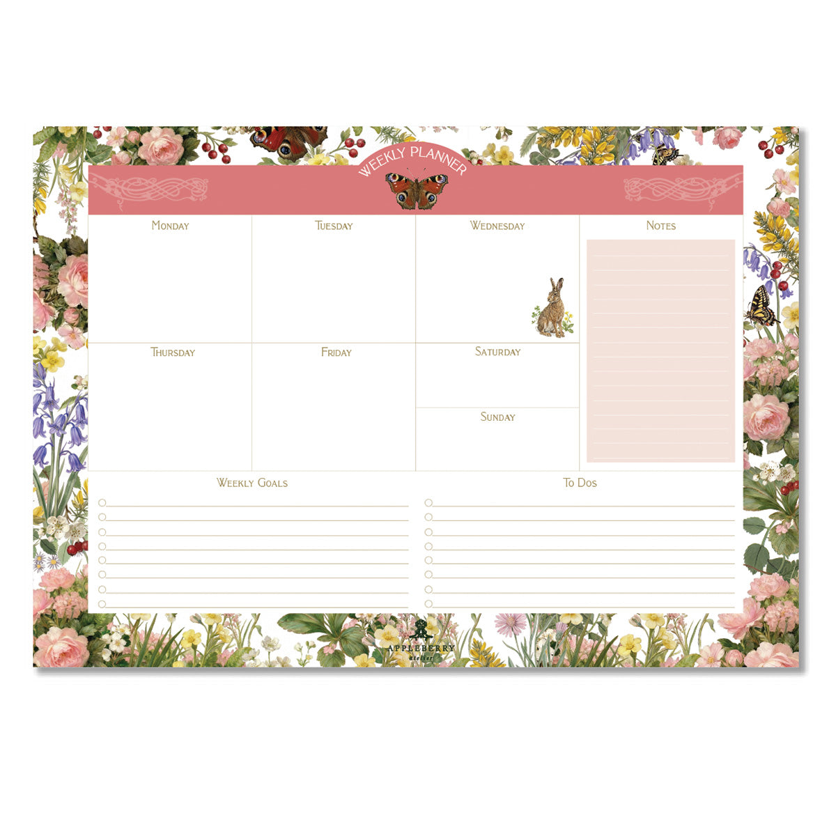 Spring Hare weekly planner pad featuring floral botanical illustrations, butterfly details, countryside hare artwork, and luxury Irish stationery design.