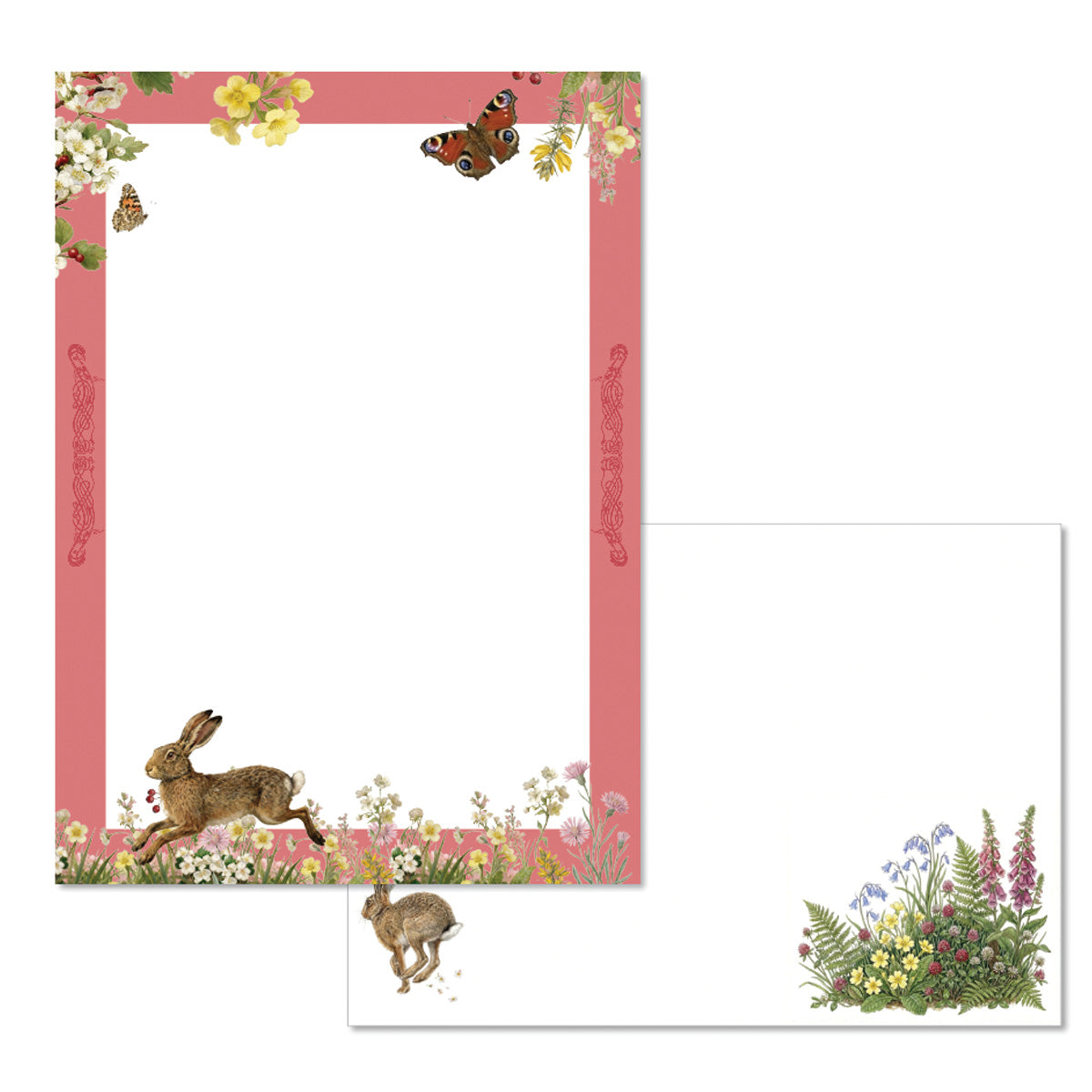 Stationery set with a pink border featuring rabbits, flowers, and butterflies on a white background.