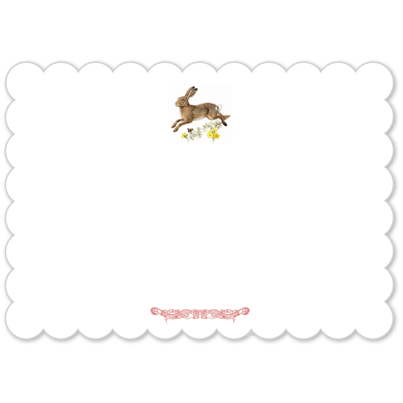 A square white card or paper sheet with scalloped edges, featuring a small brown hare jumping over white and yellow flowers near the top center and a small pink decorative script near the bottom center, shown on a light gray background.
