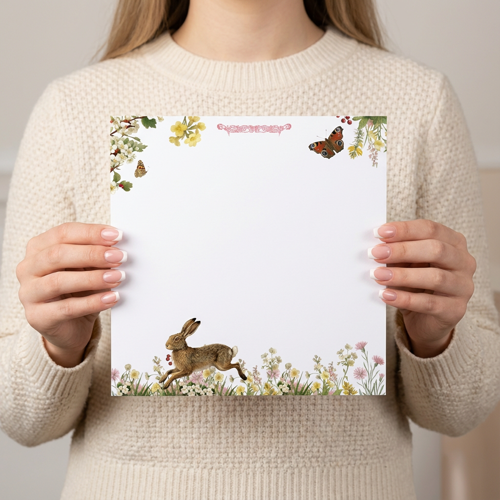 Spring Hare Super Notepad featuring botanical floral artwork, wild hare illustration, butterflies, meadow flowers, and elegant countryside stationery design.