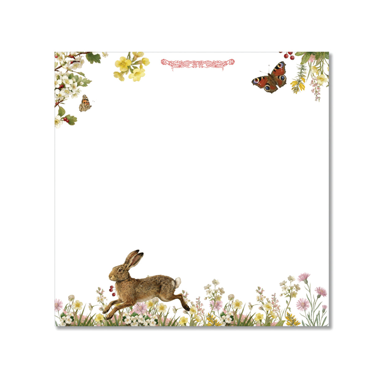 Spring Hare Super Notepad featuring botanical floral artwork, wild hare illustration, butterflies, meadow flowers, and elegant countryside stationery design.