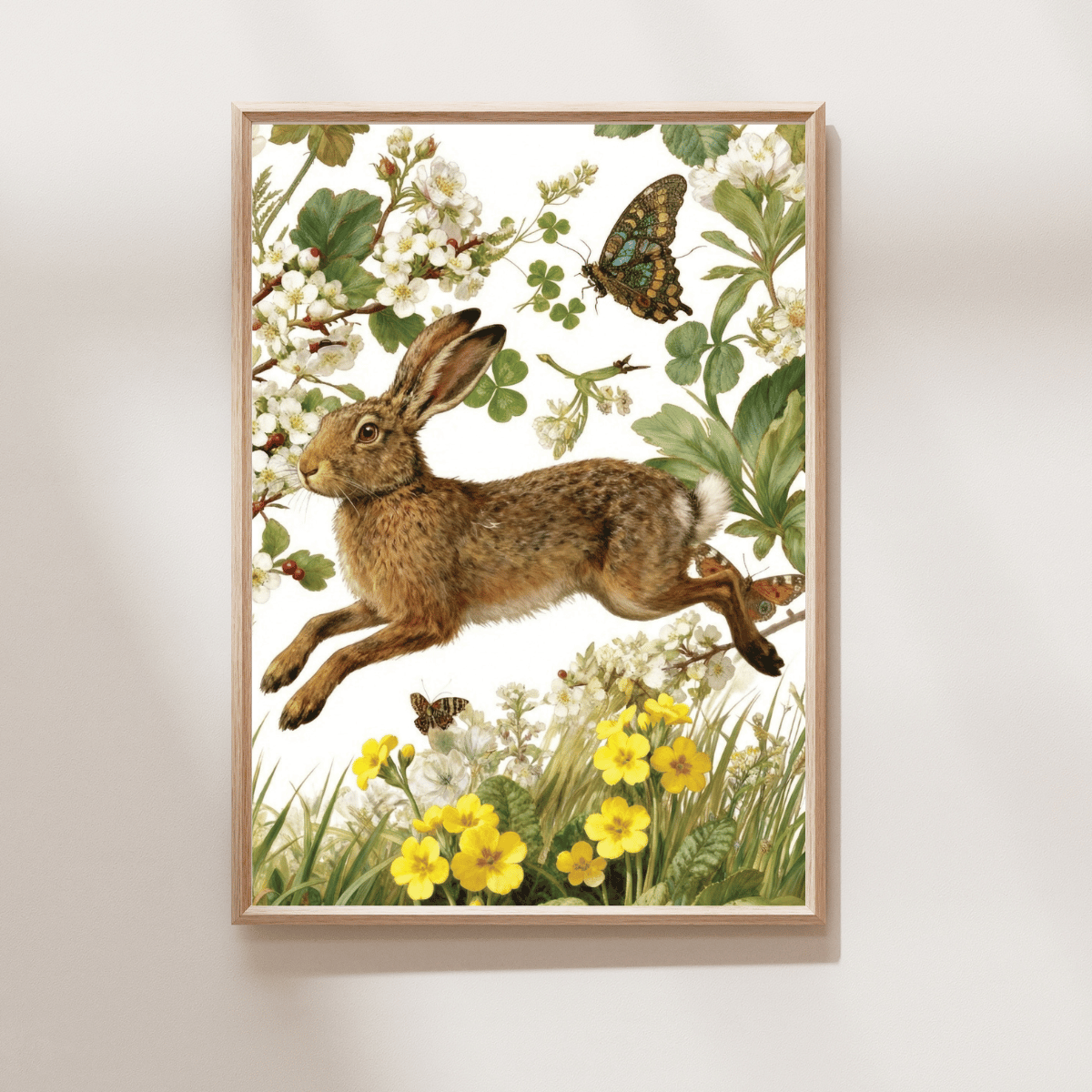 Spring Hare Art Print featuring a brown hare surrounded by spring blossom, yellow primroses and butterflies
