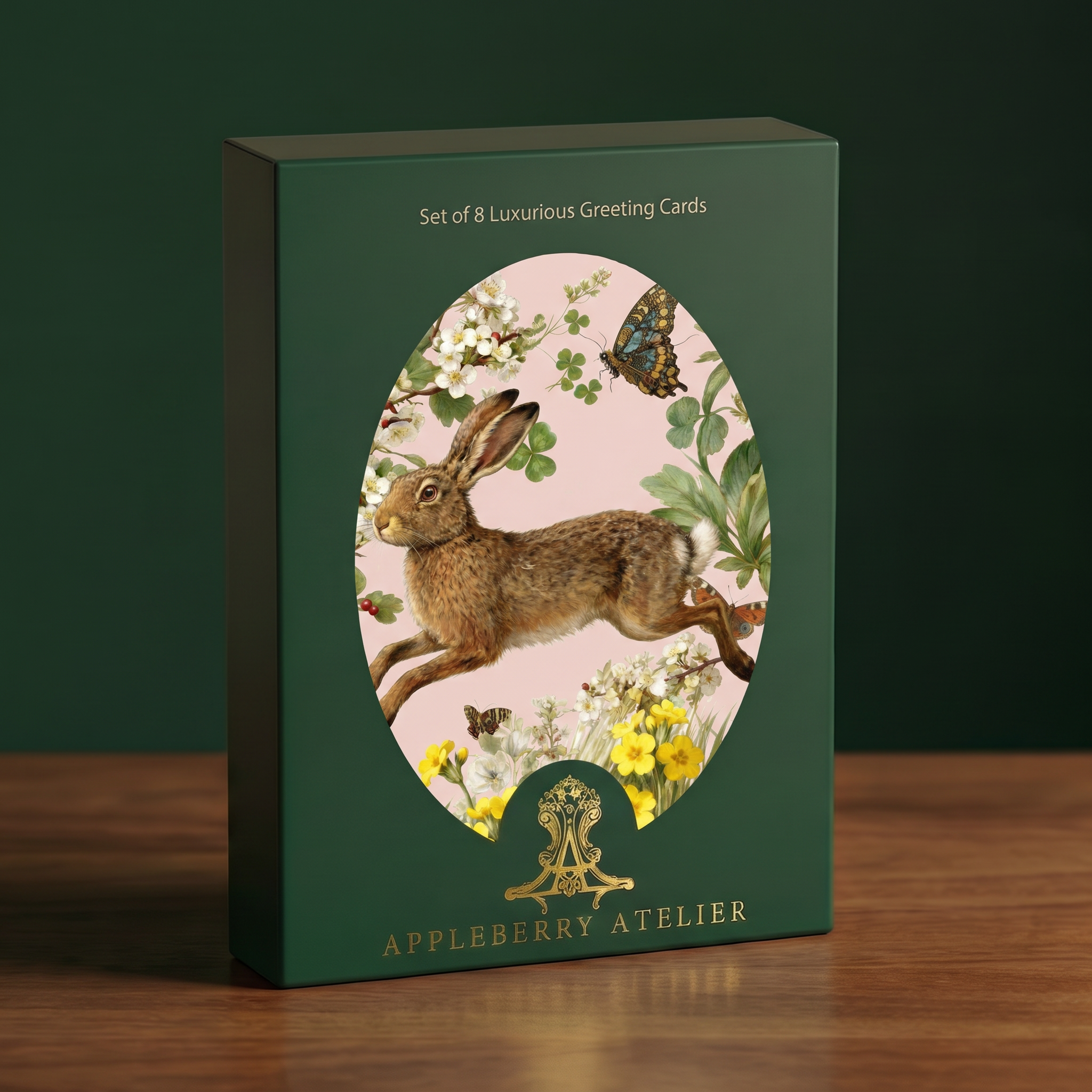A dark green rectangular box for Appleberry Atelier greeting cards, standing on a wooden surface against a dark green background. The front features an oval illustration of a brown rabbit among white flowers, green leaves, and butterflies on a pale pink background.
