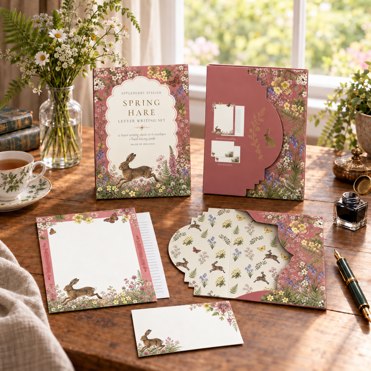 A spring-themed stationery letter writing set displayed on a wooden table by a window. The set includes a floral and bunny-patterned letter storage envelope, matching writing paper and envelopes, styled with a pen, teacup, flowers, and books.