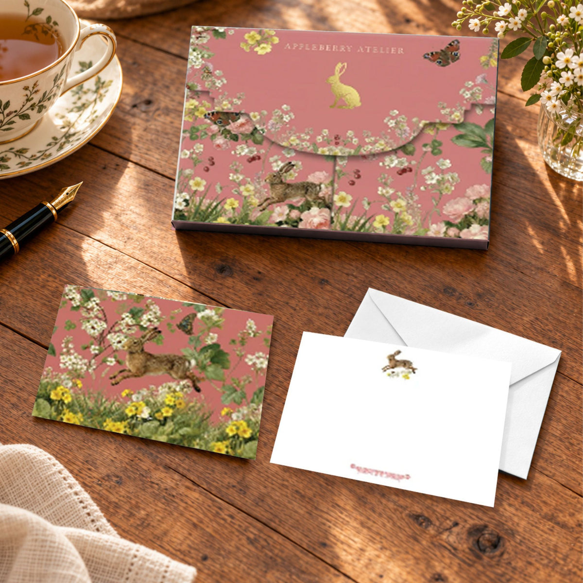 A stationery set displayed on a wooden table, including a pink envelope box decorated with floral and rabbit illustrations, a matching notelet, and a white envelope. A teacup, pen, and flowers are arranged around it as styled props.