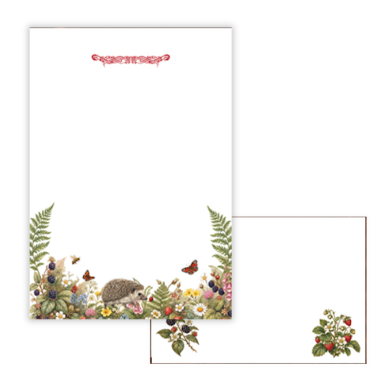 A white stationery set shown on a plain white background, featuring a larger letterhead card with a watercolor hedgehog and floral border at the bottom, plus a smaller matching card or envelope piece with a small floral corner design.
