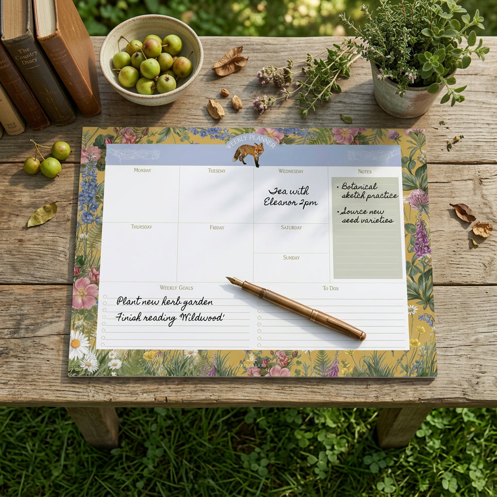 Summer Fox weekly planner pad featuring botanical floral artwork, fox illustration, spacious planning layout, and luxury Irish stationery design.