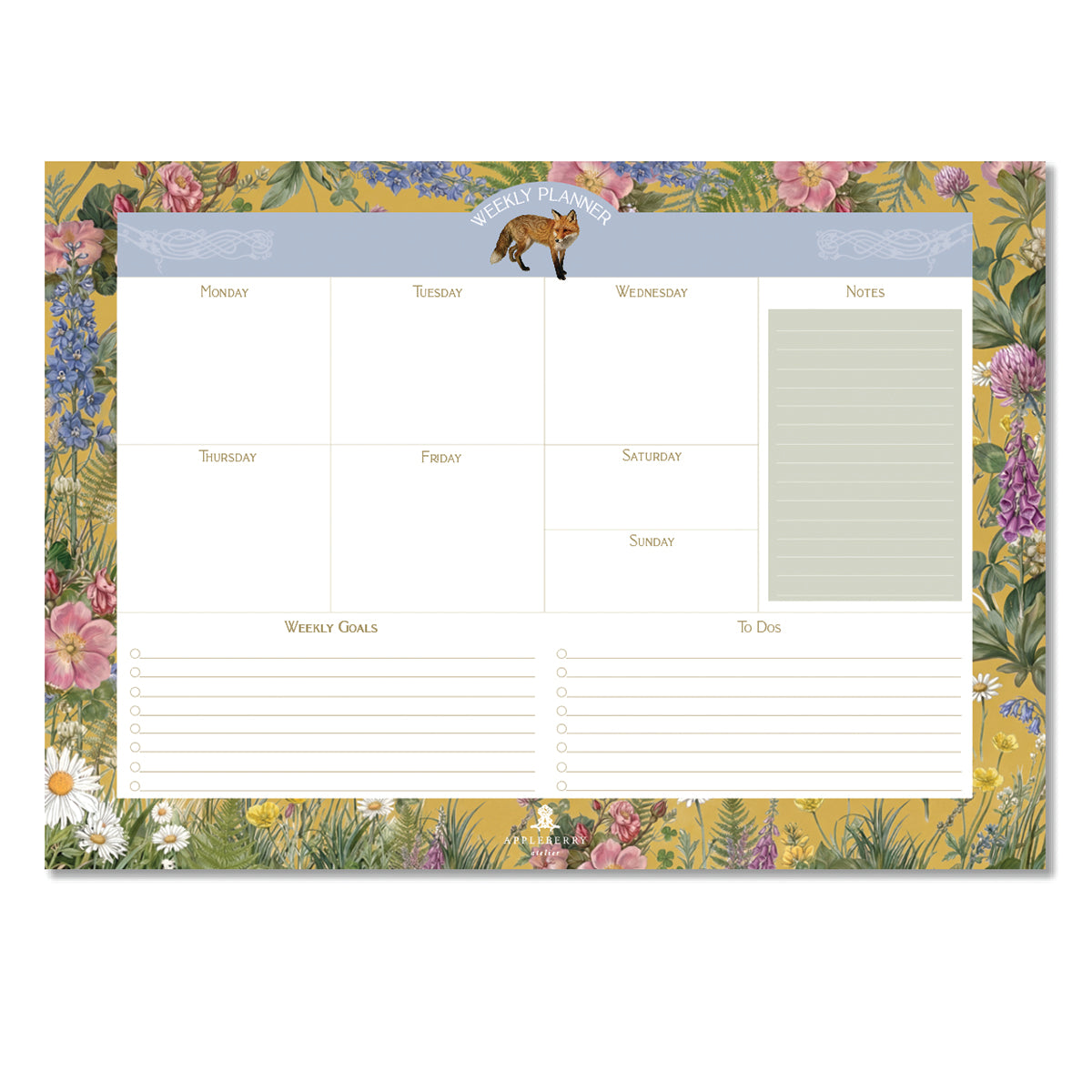 Summer Fox weekly planner pad featuring botanical floral artwork, fox illustration, spacious planning layout, and luxury Irish stationery design.