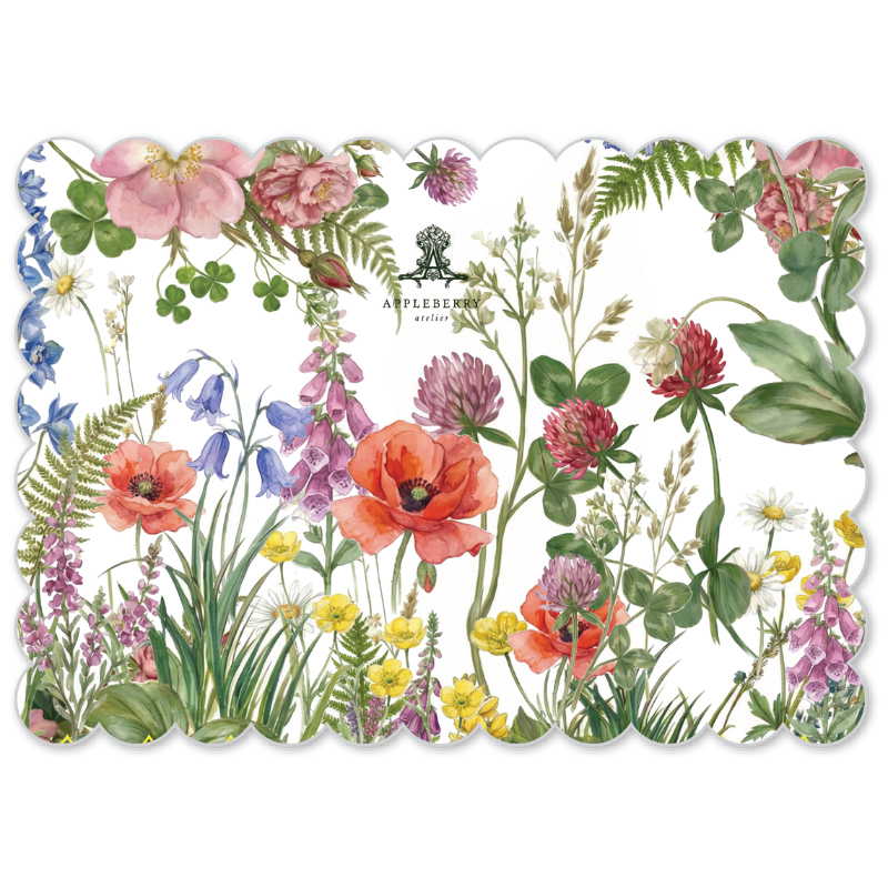 A scalloped rectangular paper plate or placemat featuring a colorful watercolor floral border with poppies, foxglove, clovers, ferns, and wildflowers on a white background. The brand name 'APPLEBEE maitre' is printed near the top center.
