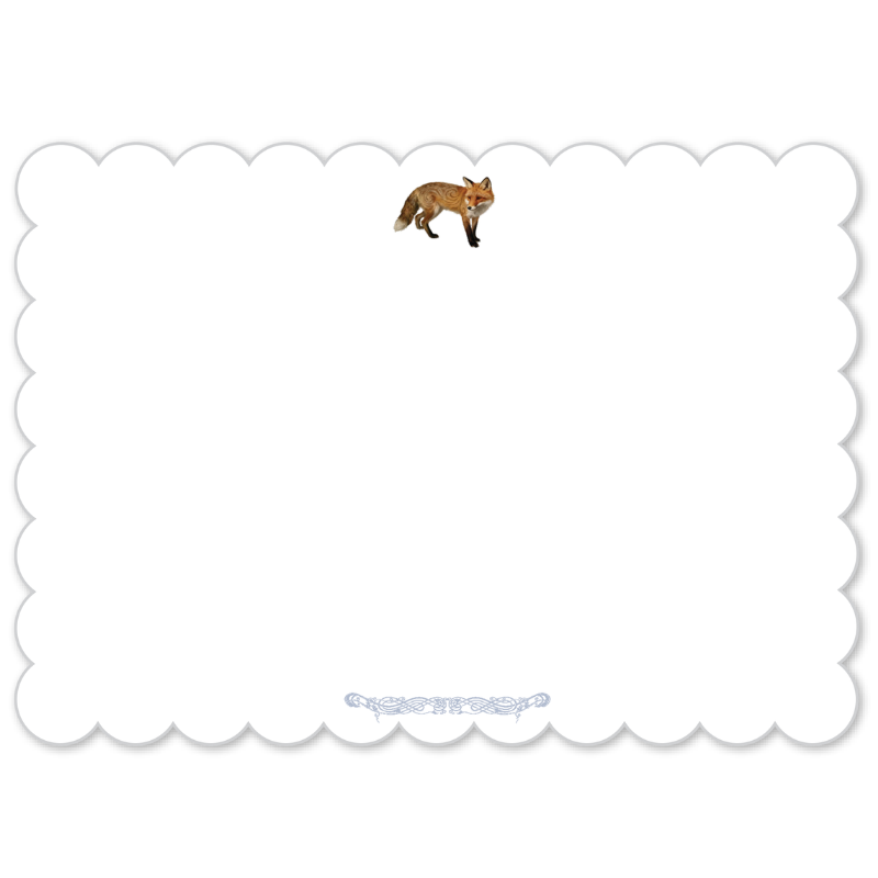 A white rectangular card or sheet with a scalloped border, featuring a small orange fox illustration near the top center and a faint decorative script near the bottom center, shown on a white background.