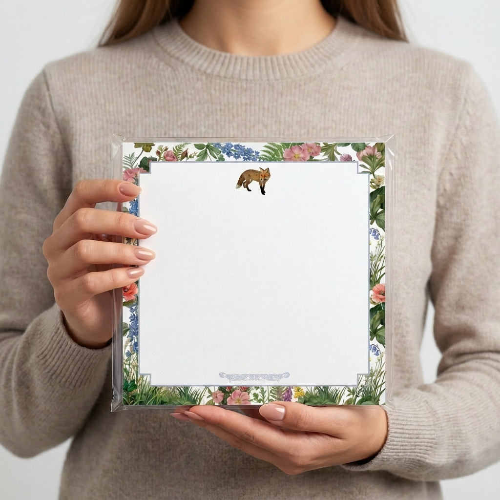 Summer Fox Super Notepad featuring fox illustration, botanical floral artwork, meadow details, and elegant countryside stationery design.