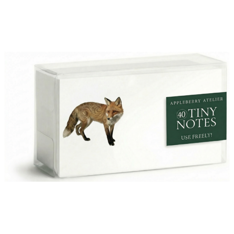 A white box of Appleberry Atelier 40 Tiny Notes, featuring an illustration of a fox on the front and a dark green label on the right side.