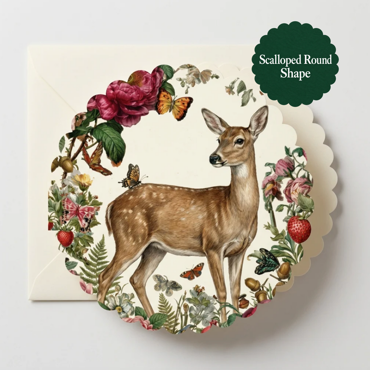 A scalloped round greeting card featuring an illustrated brown deer surrounded by pink flowers, green leaves, and butterflies, shown with a matching cream backing card. A dark green badge in the top right reads 'Scalloped Round Shape'.