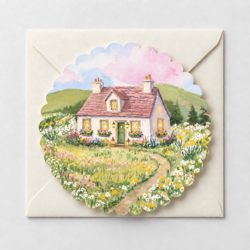 A square cream-colored greeting card with a scalloped edge, featuring a watercolor illustration of a cottage surrounded by a flower garden and a winding path, shown with a matching cream envelope on a light gray background.