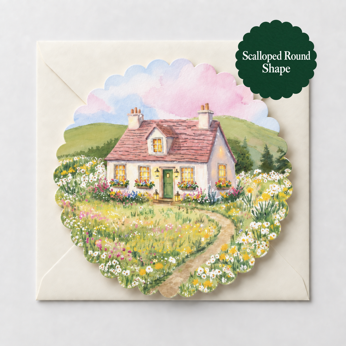 A scalloped round greeting card featuring a watercolor illustration of a cottage in a flower-filled meadow, shown on a white envelope with a dark green badge reading 'Scalloped Round Shape'.