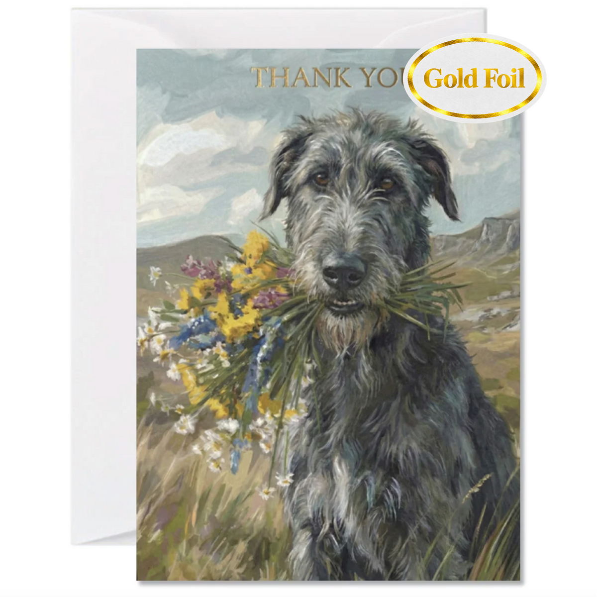 A thank you card featuring a painted gray wolfhound dog holding yellow and blue wildflowers in its mouth, with the words 'THANK YOU' at the top and a gold foil 'Gold Foil' seal in the upper right. A white envelope is visible behind the card.