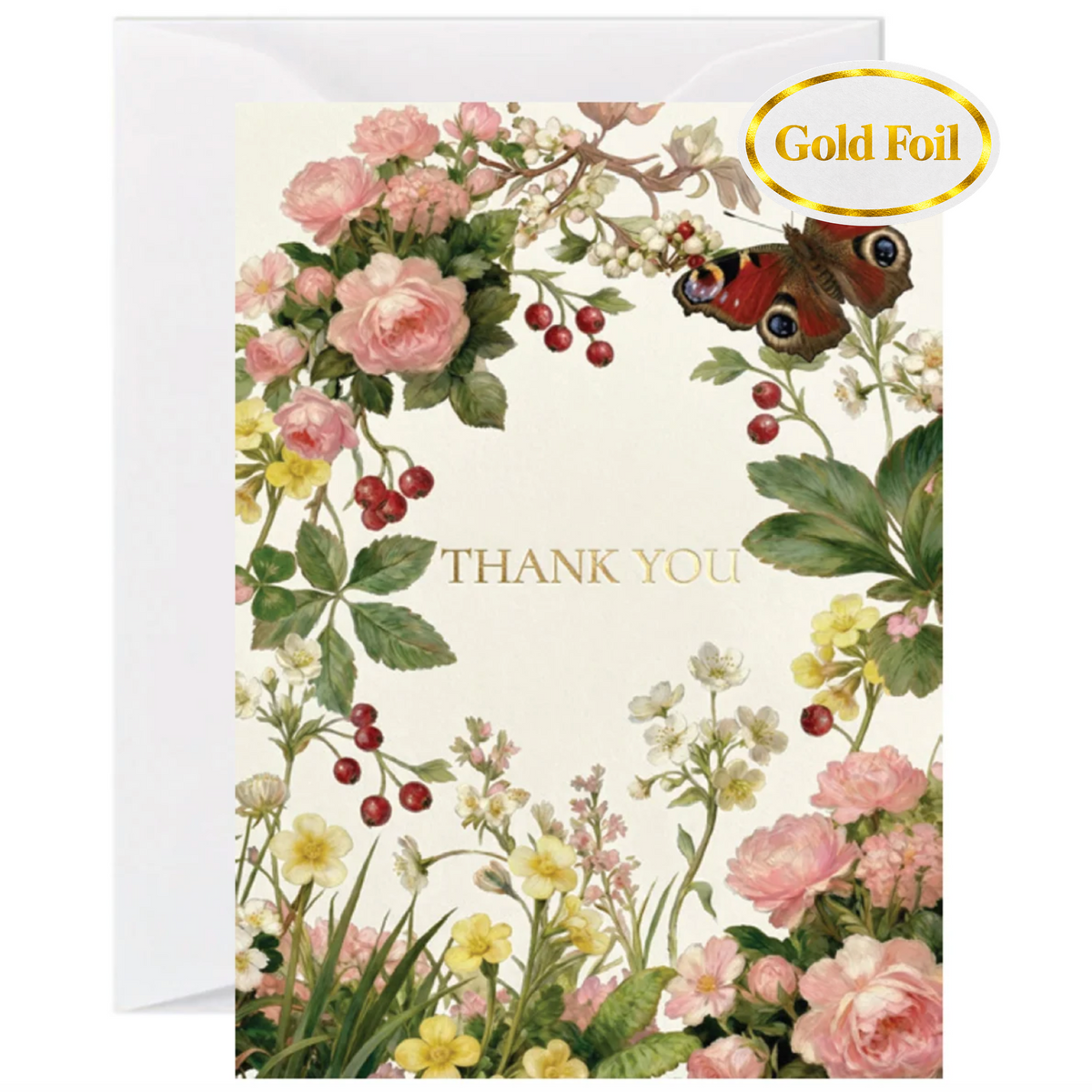 A floral thank you card with a white envelope behind it. The card features a cream background decorated with pink and yellow flowers, green leaves, red berries, a peacock butterfly, and the words 'THANK YOU' in gold foil.