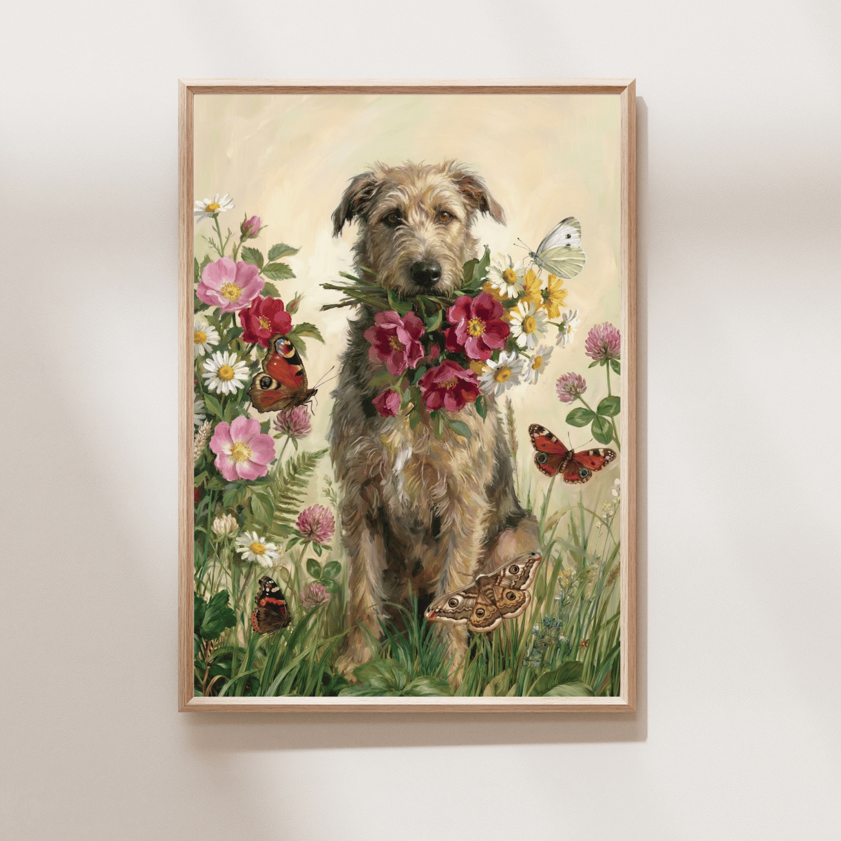 The Guardian of Blooms Art Print featuring a shaggy dog carrying wildflowers surrounded by butterflies and meadow blooms