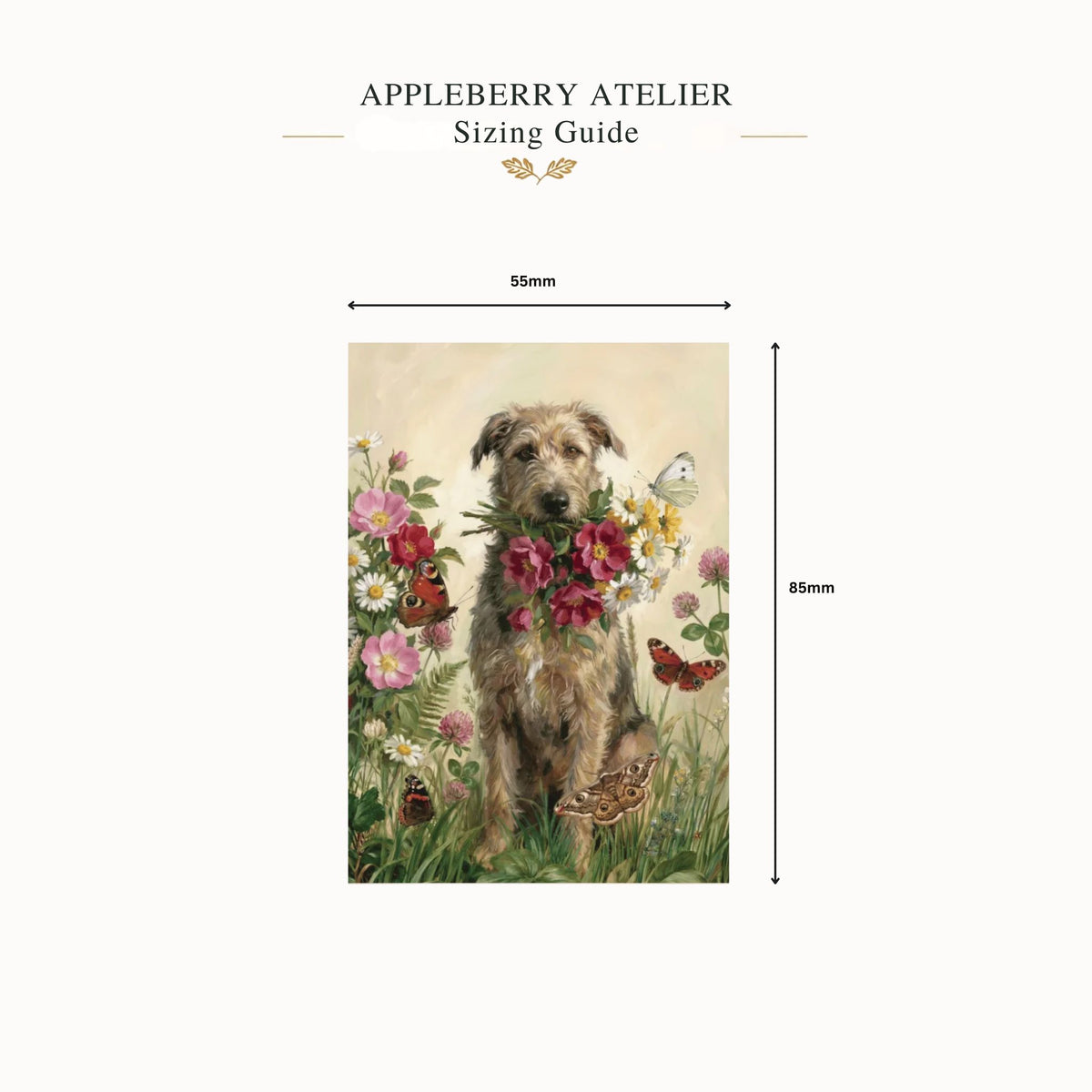 Sizing guide diagram for an Appleberry Atelier print, showing a dog surrounded by flowers with dimension markers of 55mm width and 85mm height.