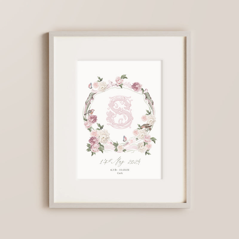 Personalised Keepsake Nursery Print, with soft rose floral wreath and baby details