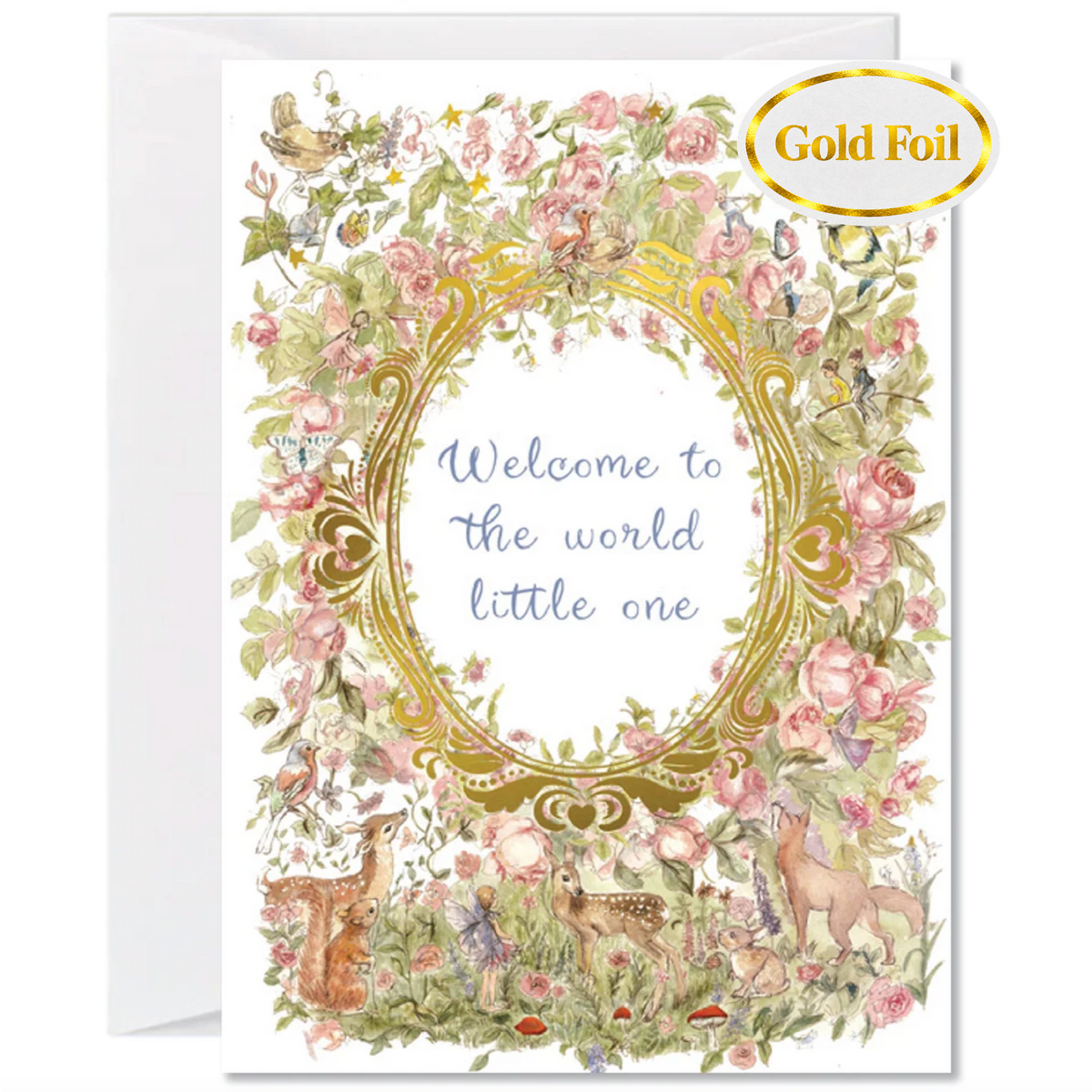 A baby card with a white envelope behind it, featuring a watercolor-style floral wreath with a gold oval frame and the text 'Welcome to the world little one.' A gold foil stamp graphic labeled 'Gold Foil' appears in the top right corner.