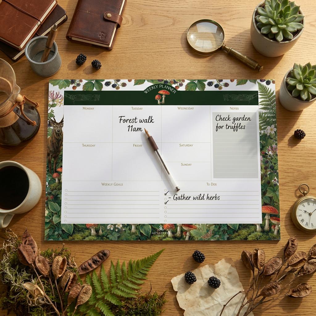 Forest Stag weekly planner pad featuring woodland botanical artwork, stag illustration, weekly schedule layout, and cottagecore desk stationery made in Ireland.