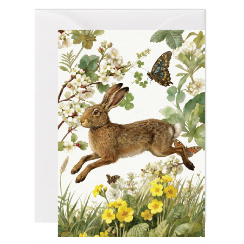 A square art print or card featuring a detailed natural illustration of a brown hare jumping among white blossoms, green leaves, yellow flowers, and butterflies, shown against a plain white background.