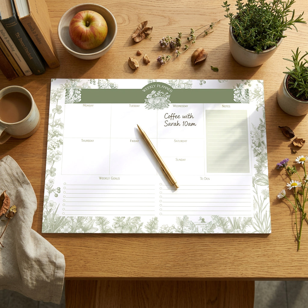 Wild Hare weekly planner pad featuring botanical meadow illustrations, woodland hare artwork, spacious weekly layout, and luxury Irish stationery design.