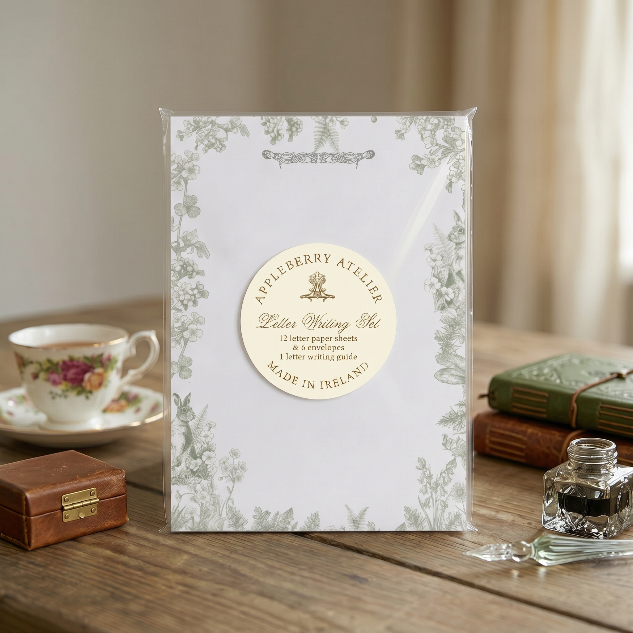 Letter writing set packaging with decorative elements on a wooden table.