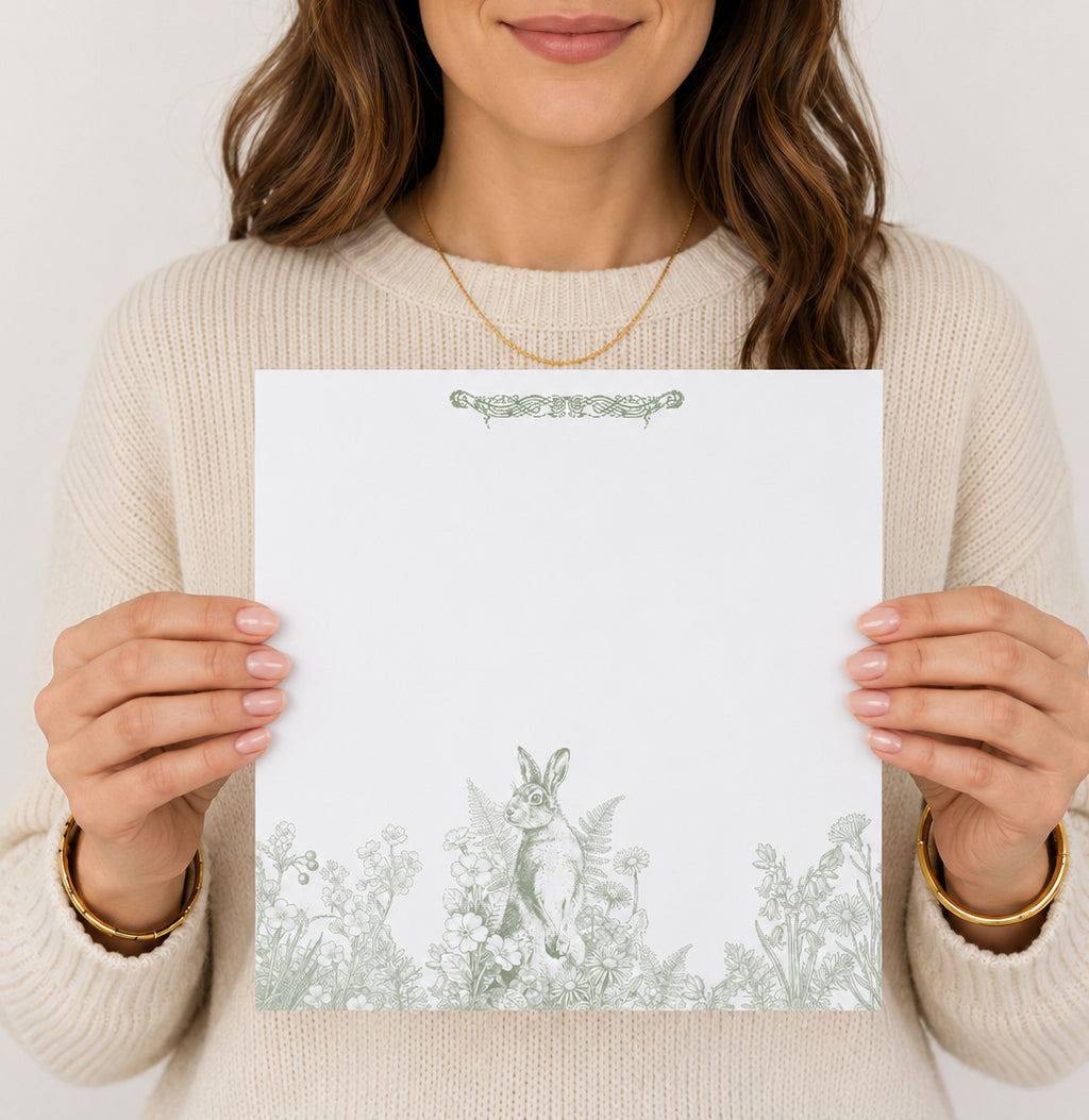 Wild Hare Super Notepad featuring wild hare illustration, botanical floral artwork, meadow flowers, and elegant countryside stationery design.