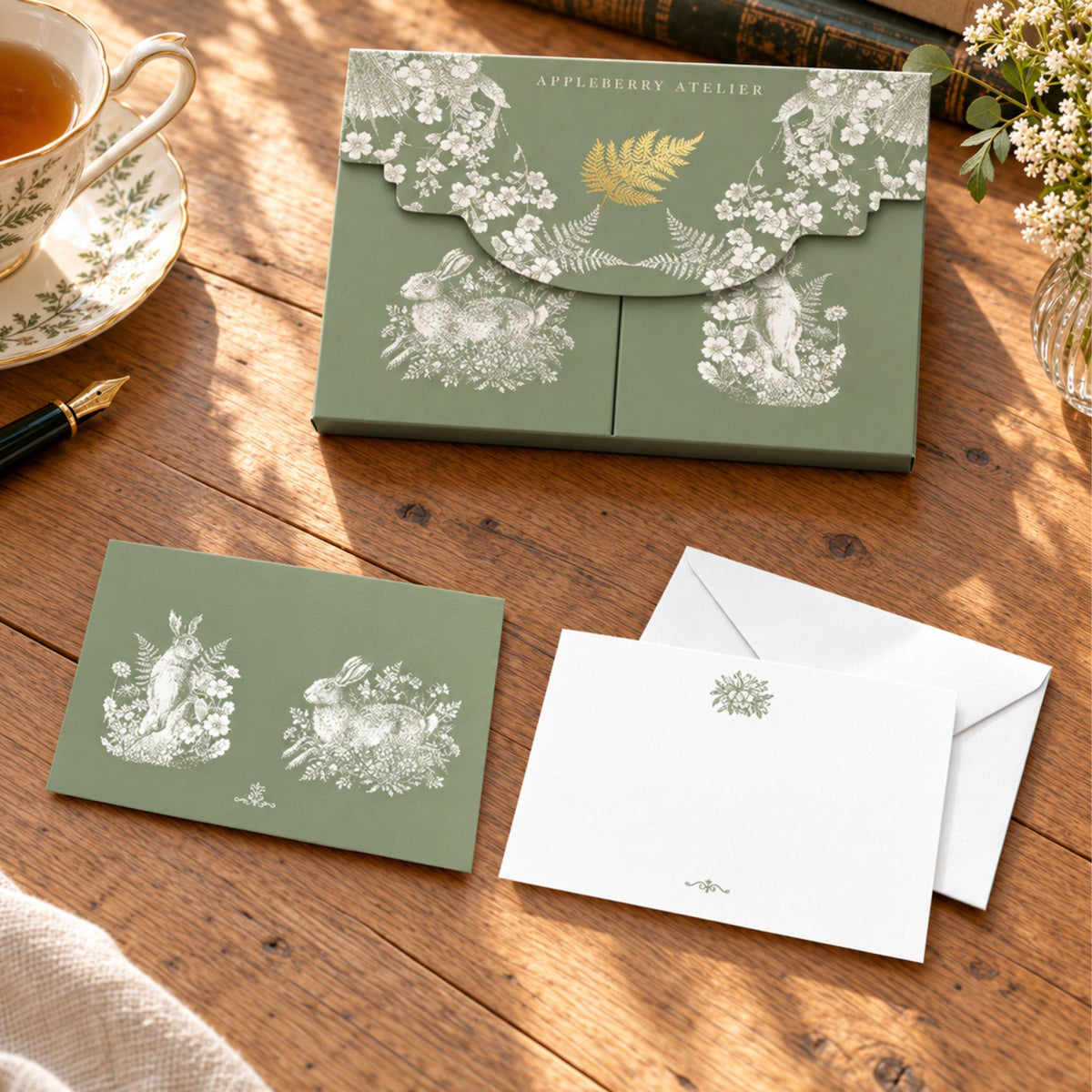 A styled flat-lay of a stationery set on a wooden table, featuring a sage green envelope box with white floral illustrations and a gold leaf, a matching green notelet, white envelopes, a teacup, a pen, and flowers.