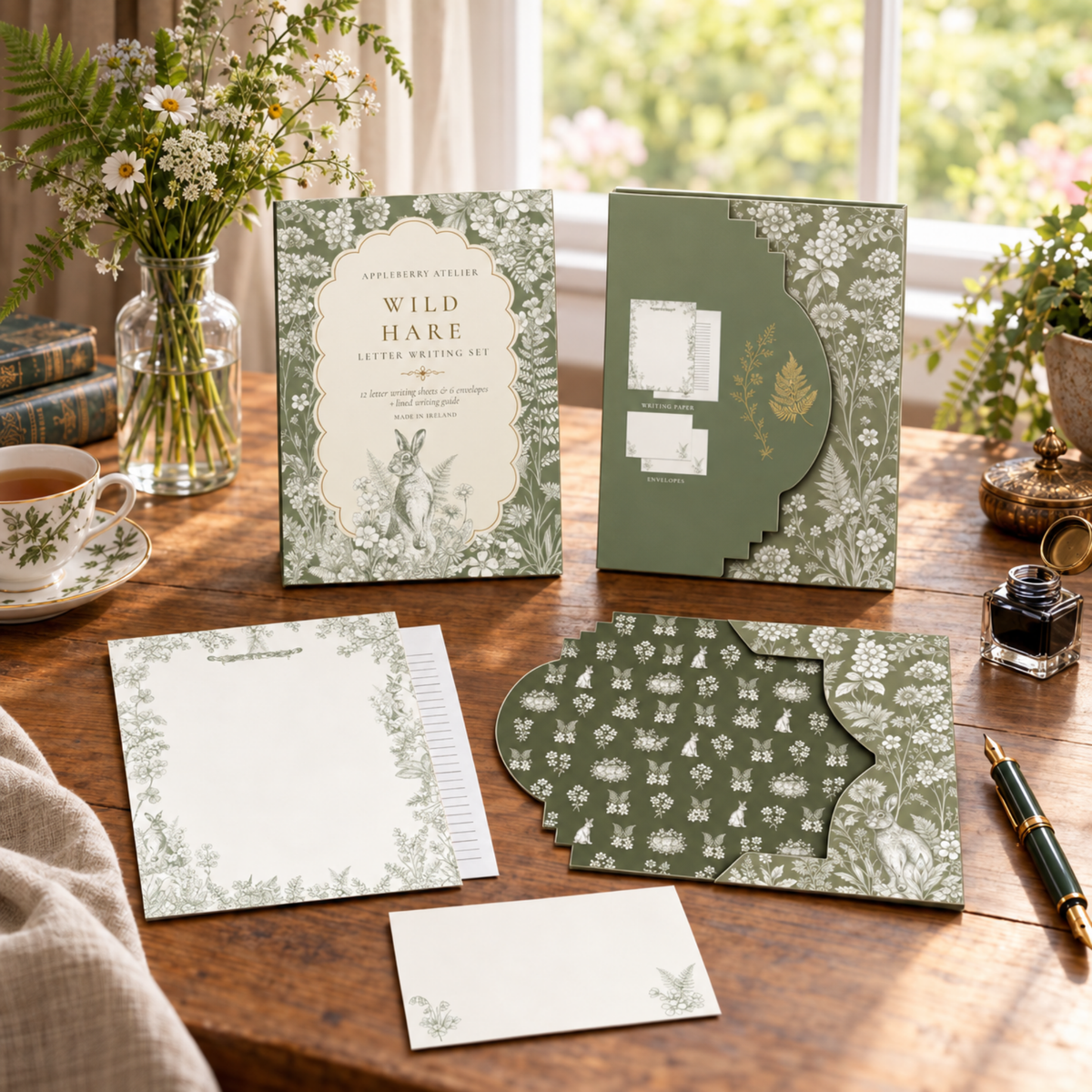 A coordinated stationery suite displayed on a wooden table by a window, including a storage envelope, letter paper and matching envelope, Paper pieces show botanical and rabbit motif. The scene includes flowers, books, a teacup, and a pen in a styled interior setting.