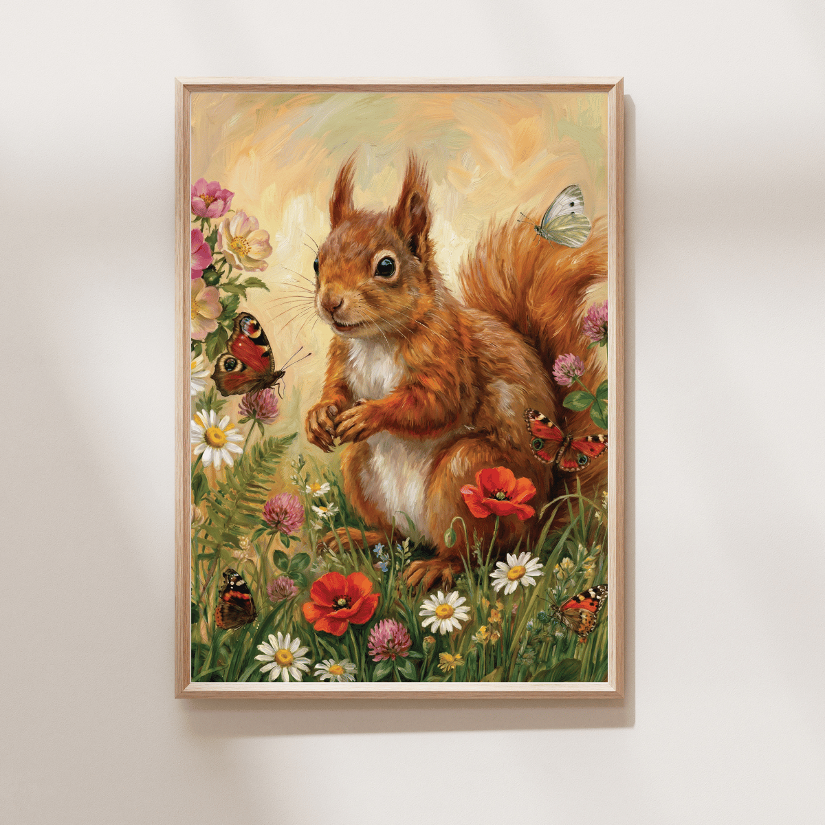 Meadow Squirrel Art Print featuring a red squirrel surrounded by colourful wildflowers and butterflies