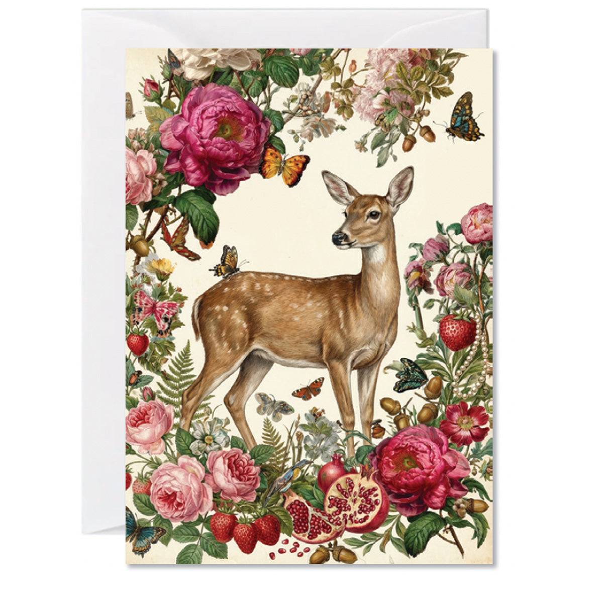 Illustrated woodland doe greeting card surrounded by roses, berries, and butterflies