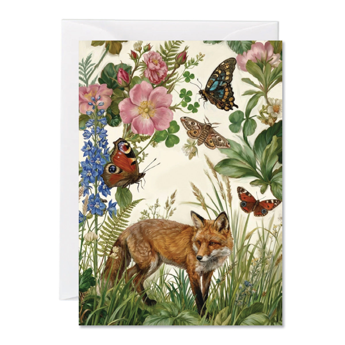 Illustrated woodland fox greeting card surrounded by wildflowers and butterflies
