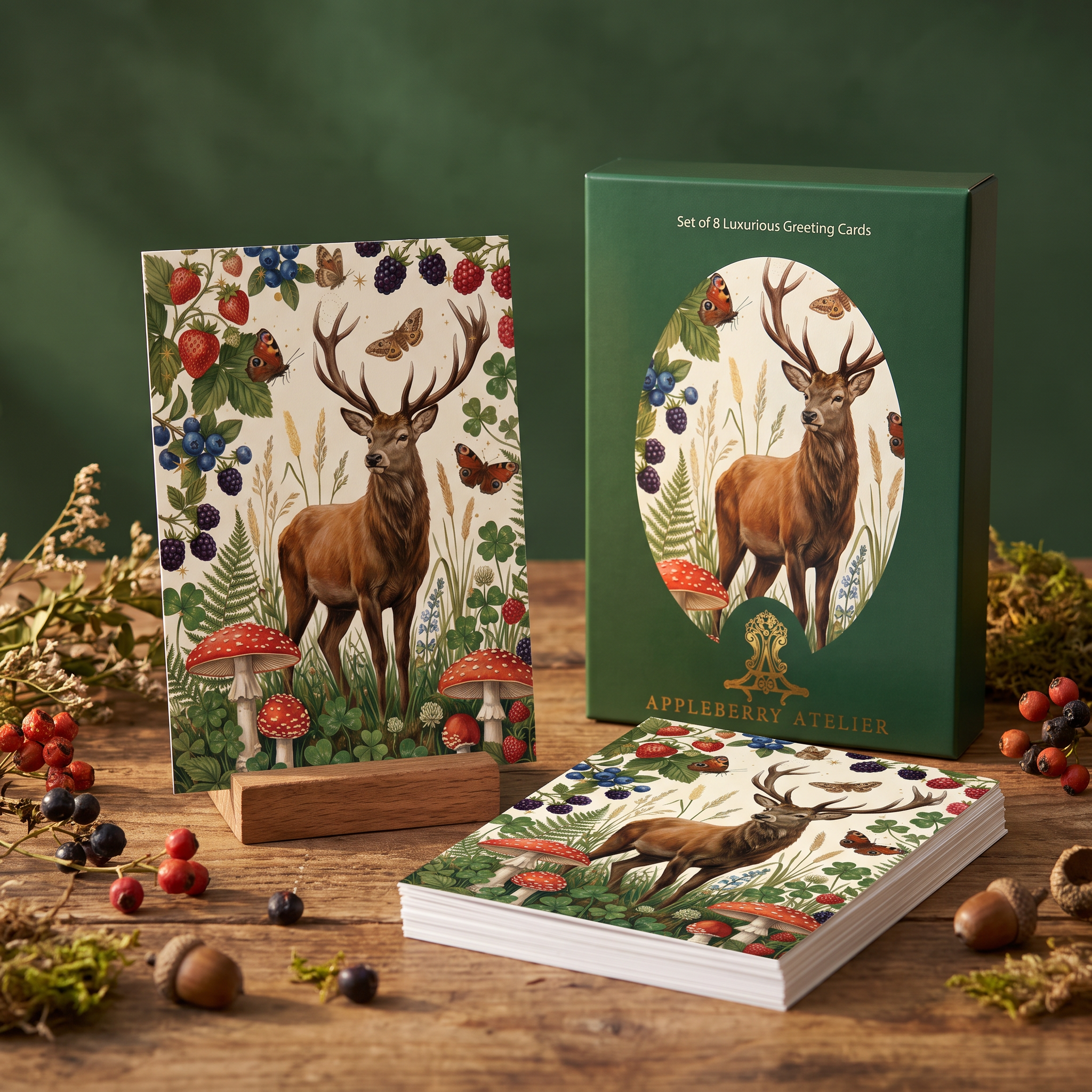 A boxed set of woodland-themed greeting cards displayed on a rustic wooden table, with one card propped upright on a small stand, a stack of cards in front, and the green product box standing to the right. The artwork shows a stag surrounded by berries, mushrooms, flowers, and butterflies.