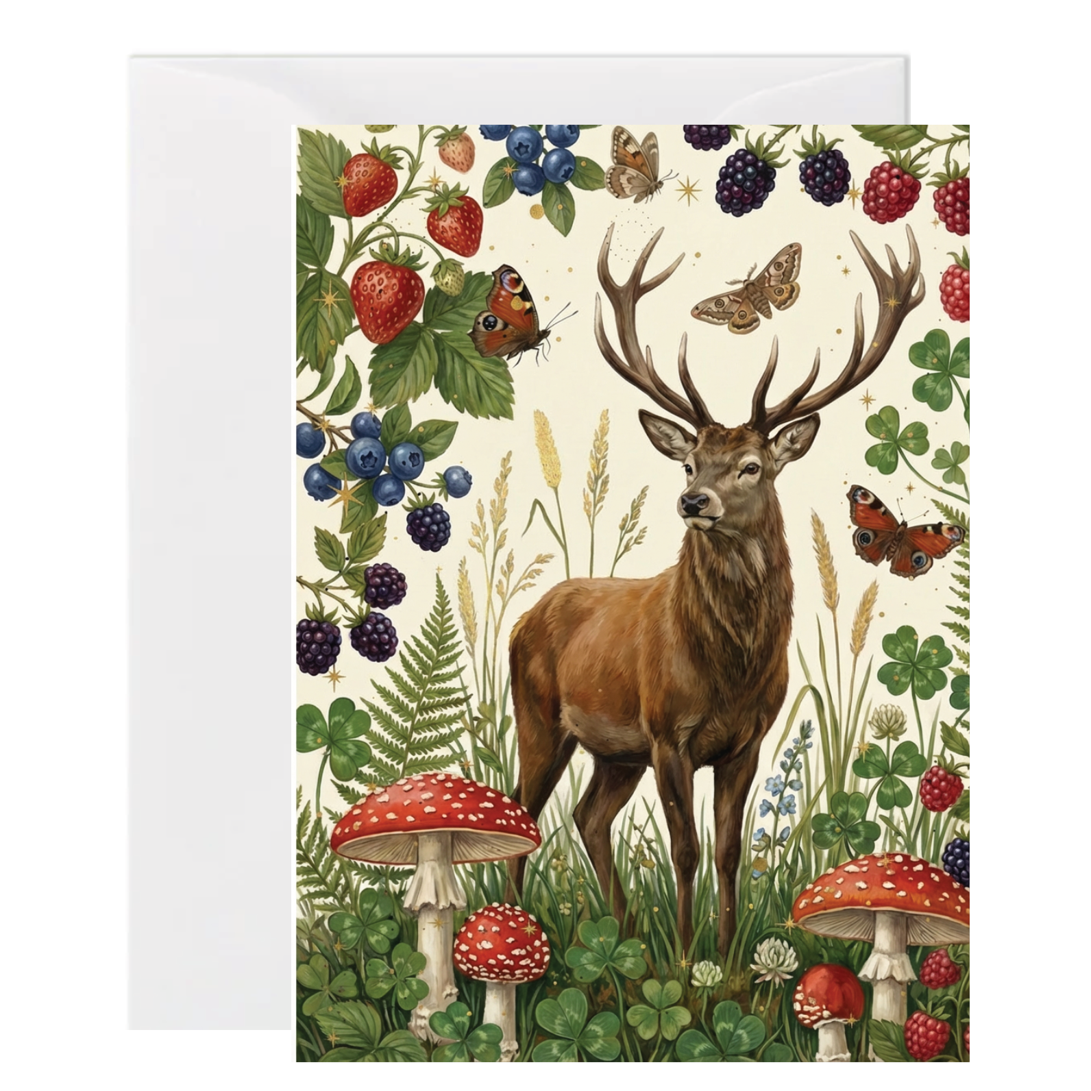 A vertical greeting card with a white envelope behind it, featuring a detailed botanical illustration of a stag with large antlers surrounded by strawberries, blackberries, blueberries, mushrooms, butterflies, and green foliage on an off-white background.