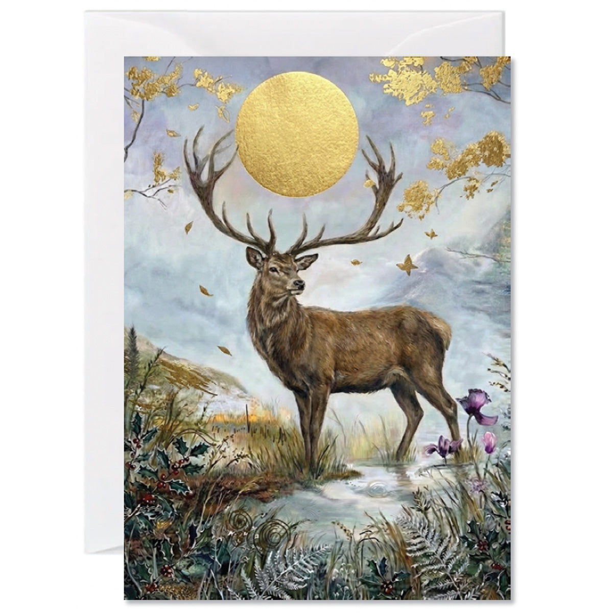 Illustrated stag greeting card beneath a glowing golden moon in a woodland landscape