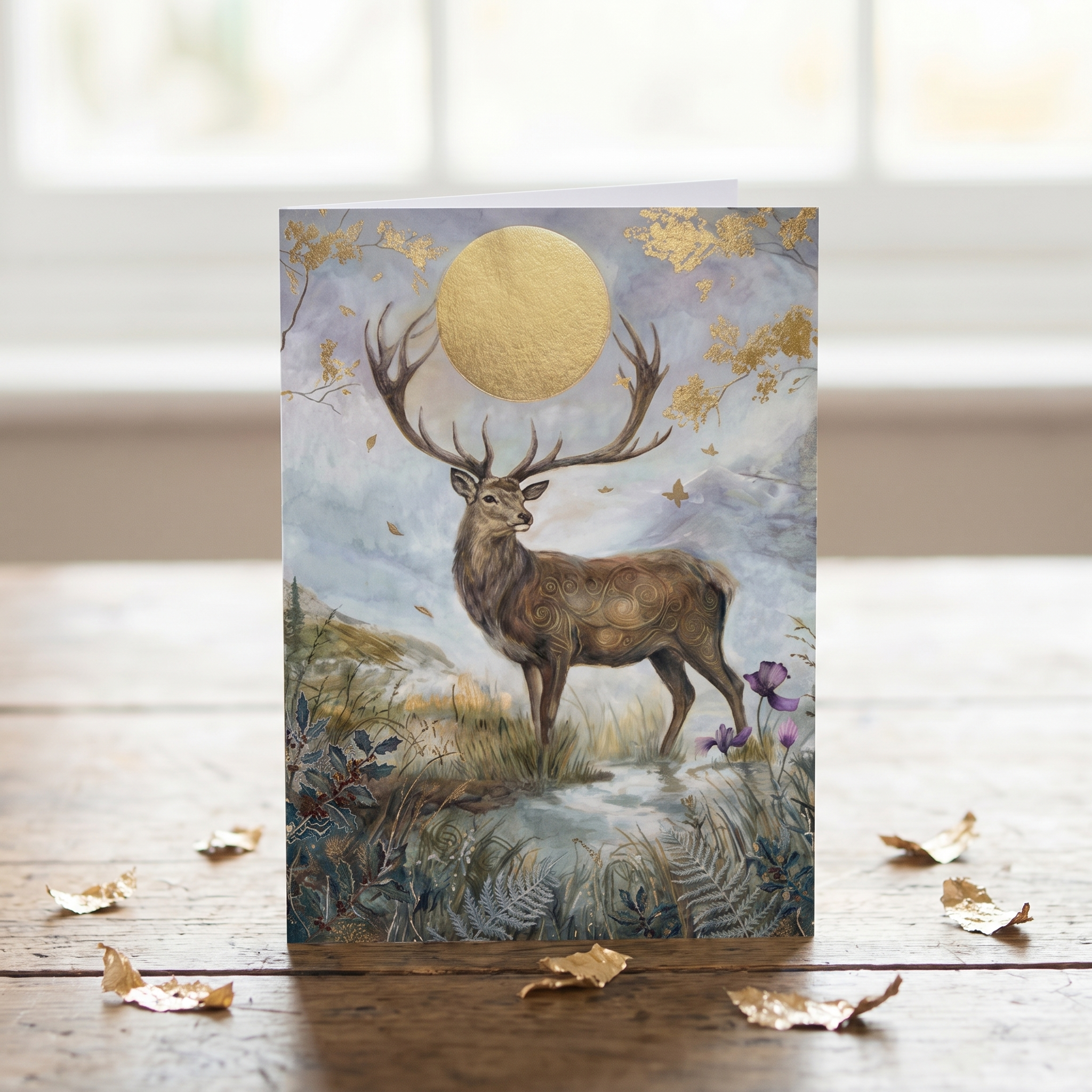 A vertical art print or card featuring a stag with large antlers standing in a meadow under a large gold moon, placed on a wooden surface with scattered gold leaves in front. The background is a softly blurred indoor setting with a window.